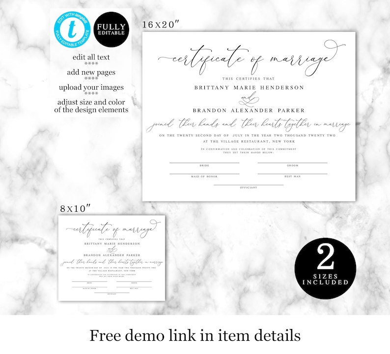 Certificate Of Marriage Template, Printable, Wedding Keepsake, 100% Editable, Instant Download, Print At Home, Unique, Elegant, DIY vmt10 image 2