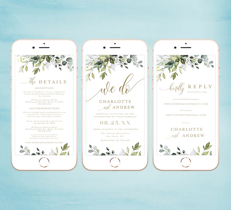 May include: Three smartphone screens displaying a wedding invitation design. The first screen shows the reception and accommodation details. The second screen shows the wedding date, time, and location. The third screen shows the RSVP information. The design features a green and white floral pattern with gold text.