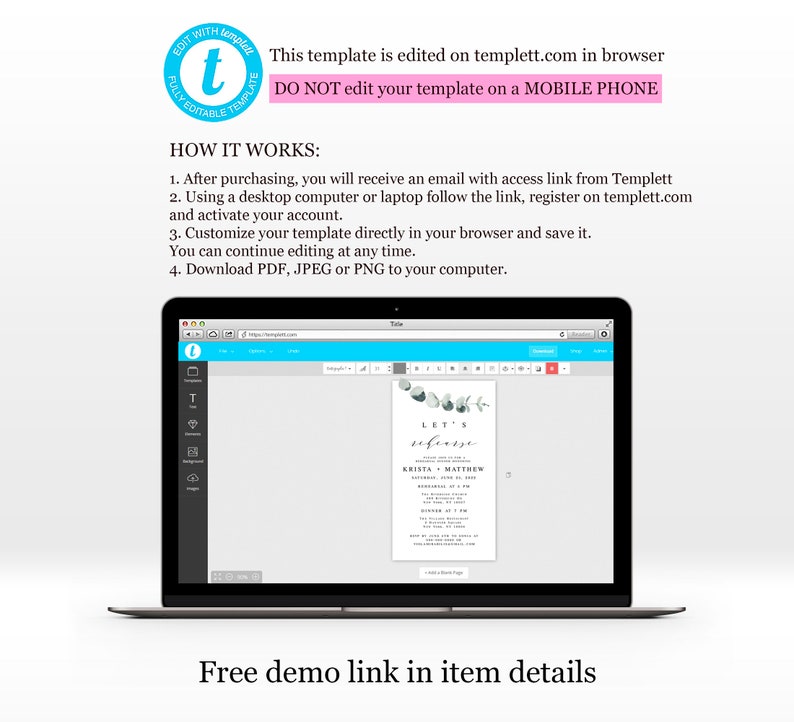 May include: A laptop computer screen displaying a website with a wedding invitation template. The invitation is for a wedding reception with the text "Let's Celebrate" and the names "Krista & Matthew".