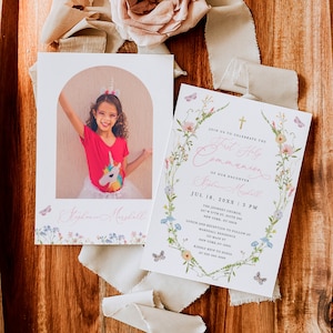 Girl First Holy Communion Invitation, Purple Butterfly Communion Invitations, 1st Communion Invitation, Wildflower First Communion #c95