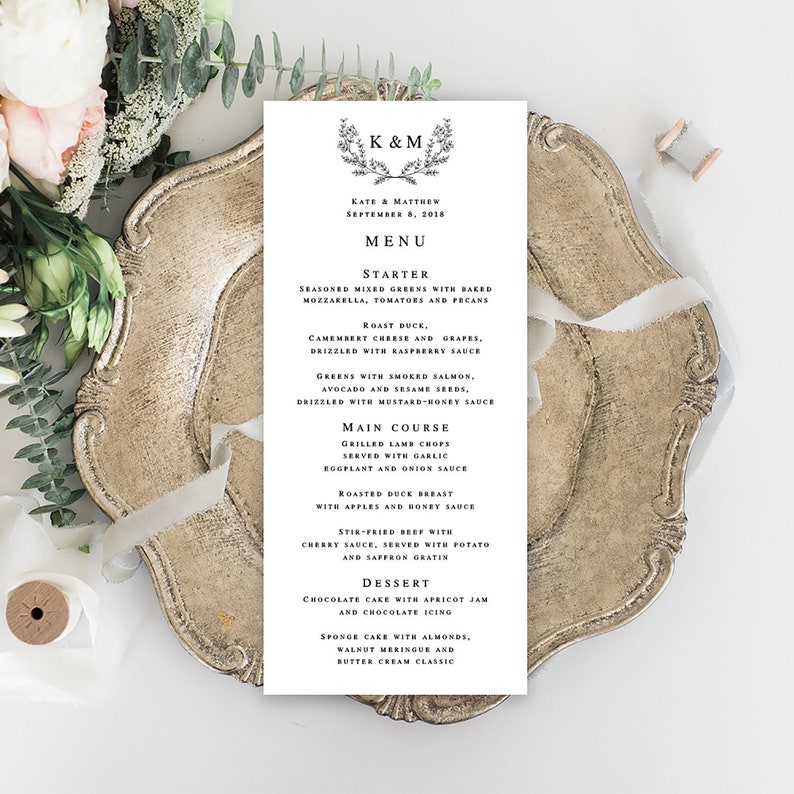 Wedding Menu Template Wedding Template Monogram Menu Wedding Etsy