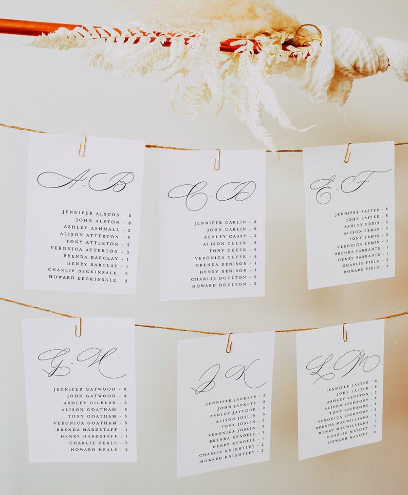 Alphabetical Seating Chart Cards, Minimalist Wedding Hanging Seating ...
