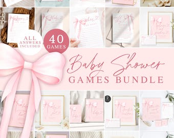 Pink Bow Baby Shower Game Bundle, Pink Ribbon Baby Shower Game Bundle Girl, Blush Bow Baby Brunch Shower Games #b14