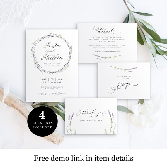 Wreath Wedding Invite Set, Templates Downloadable, 100% Editable, Templett, Unlimited DIY Invitation, Enclosure, Lavender Flowers #vmt4125