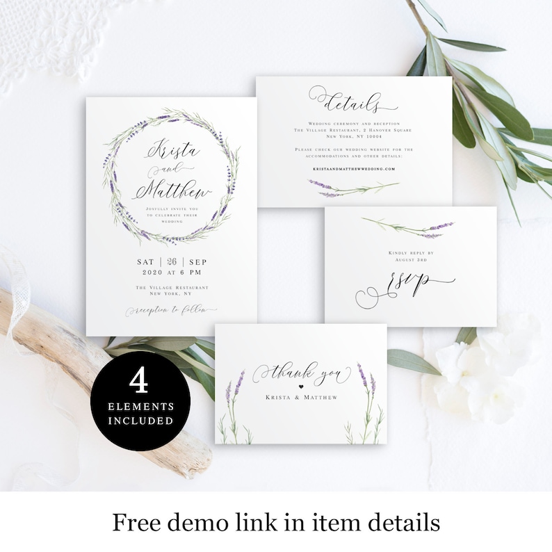 May include: Four printable wedding invitation cards with lavender floral designs. The cards include the couple's names, wedding date, time, and location. The text "Details" and "RSVP" are also included.