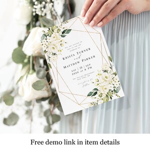 Wedding invite sets printable templates Try before you buy 100% Editable Templett Invitation White Floral, Simple, Gold Geometric vmt3116 image 4