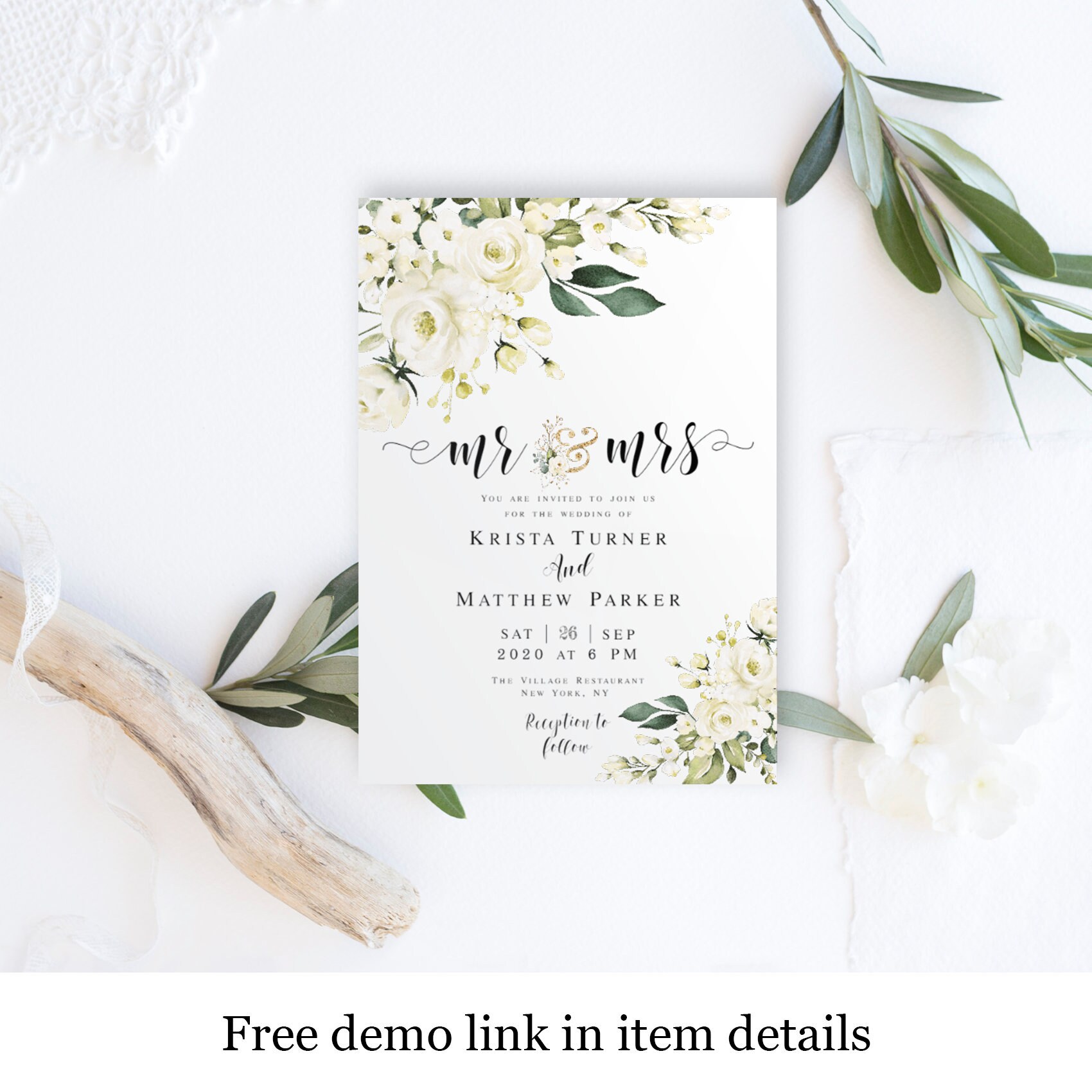 Electronic Invitation Template iPhone Download White Greenery Wedding Evite Cell Phone Text Message Invite Mr and Mrs Roses #vmt1116