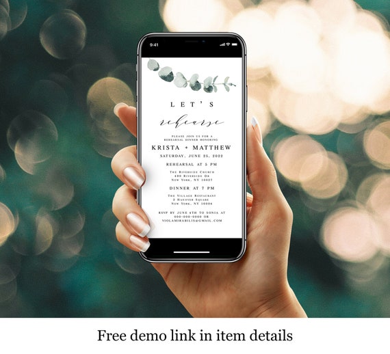 Electronic Wedding Rehearsal Dinner Invitation Template, Evite, Cell Phone, E Card, Paperless Text Message Invite Eucalyptus Greenery #vmt21