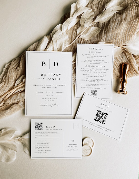 Wedding Invitation Template Set, QR Code RSVP Postcard, Modern Invite, Details Card, Templett, Instant Download, Minimalist Monogram #f37m