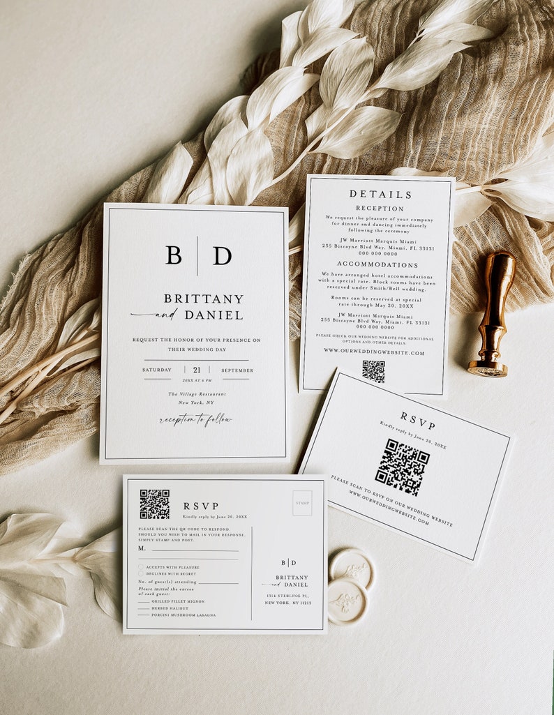 May include: A wedding invitation with a black and white design. The invitation features the couple's initials, names, and wedding date. The invitation also includes details about the reception and accommodations. The invitation has a QR code for RSVP.