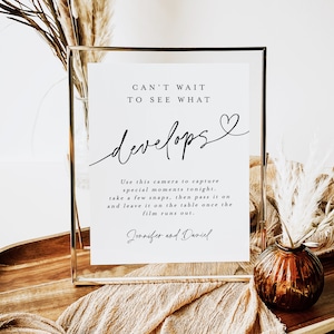 Can&#39;t Wait to See What Develops, Minimalist Wedding Disposable Camera Sign, I Spy Wedding Game, Editable Wedding Table Sign Template #f38