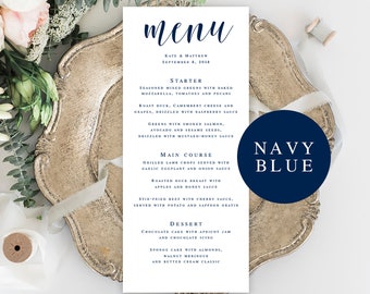 Navy wedding menu template Navy menu cards Navy blue menu ideas Wedding menu download Wedding dinner menu DIY Nautical wedding menu #vm23