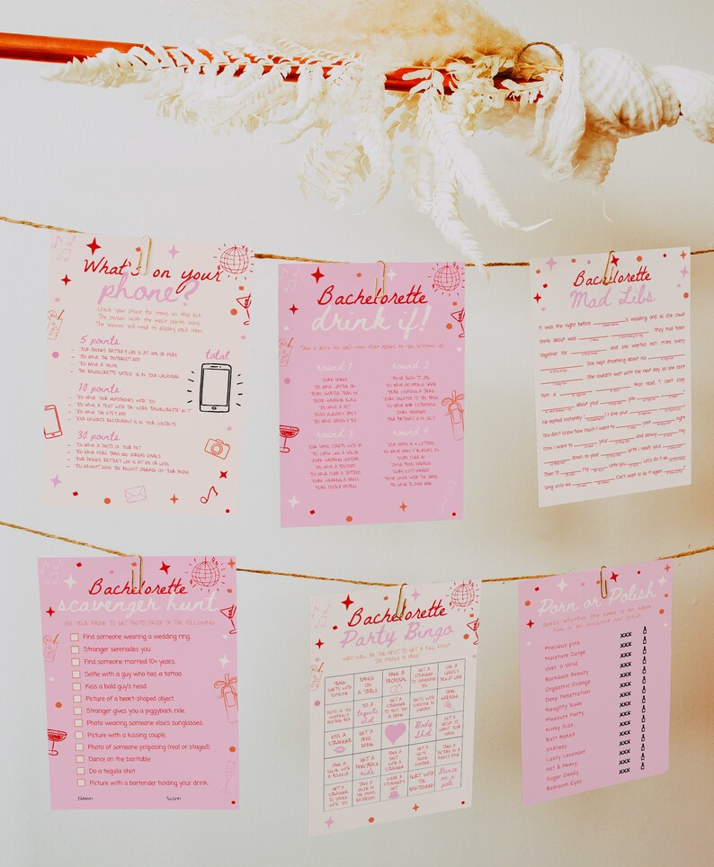 Hand Drawn Bachelorette Party Games Bundle, Pink Bachelorette Party Games Printable, Hen Do Dirty Bachelorette Weekend Games Bundle #c97pp image 2