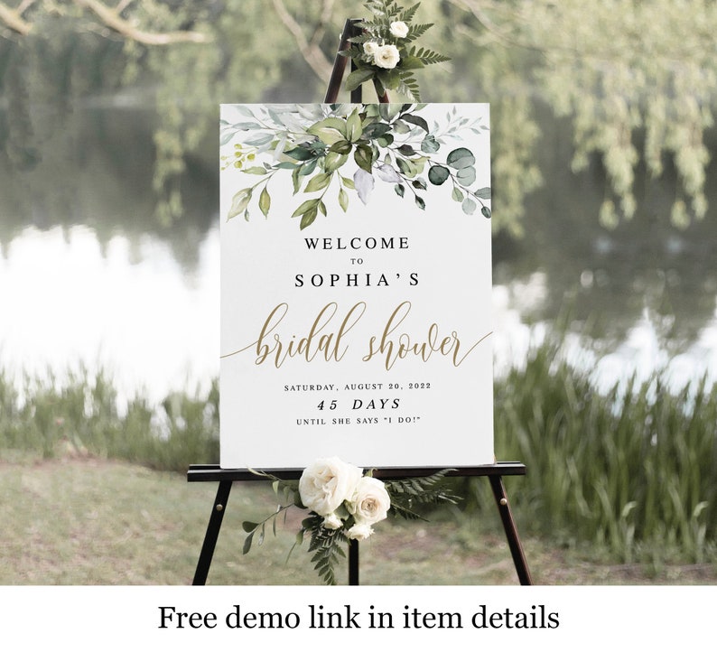 Portrait Bridal Shower Welcome Sign Template, Instant Download, Templett, Party, Reception, Brunch Poster, Decorations, Greenery Gold #c61 