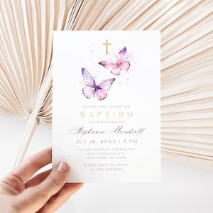 Invitación de bautizo con mariposa morada, invitación de bautizo con mariposas, invitación de bautizo con cruz religiosa y mariposa, invitación de bautizo para niñas #c99
