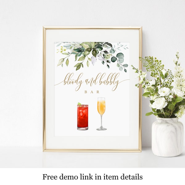 Bloody Mary And Mimosa Bar Sign Template, Bloody and Bubbly, Bridal Brunch, Shower, Custom, Self-Editing, Templett, Greenery Gold, Boho #c61