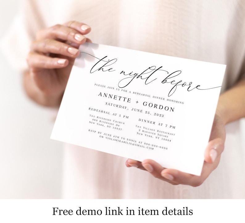 May include: A white invitation card with black calligraphy text that reads "the night before" and details for a rehearsal dinner honoring Annette and Gordon on Saturday, June 25, 2023. The invitation includes the time and location for the rehearsal and dinner.