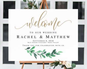 Gold welcome to our wedding sign Greenery welcome wedding sign Greenery gold welcome wedding template Horizontal welcome sign wedding #vm12