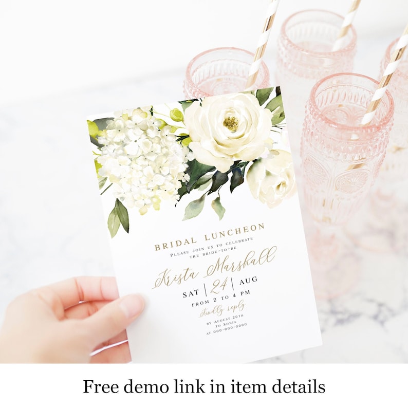 White Hydrangea Printable Bridal Luncheon Invitation Template, Templett, 100% Editable Text, Bohemian Greenery Gold, Roses, Floral vmt4216 image 1