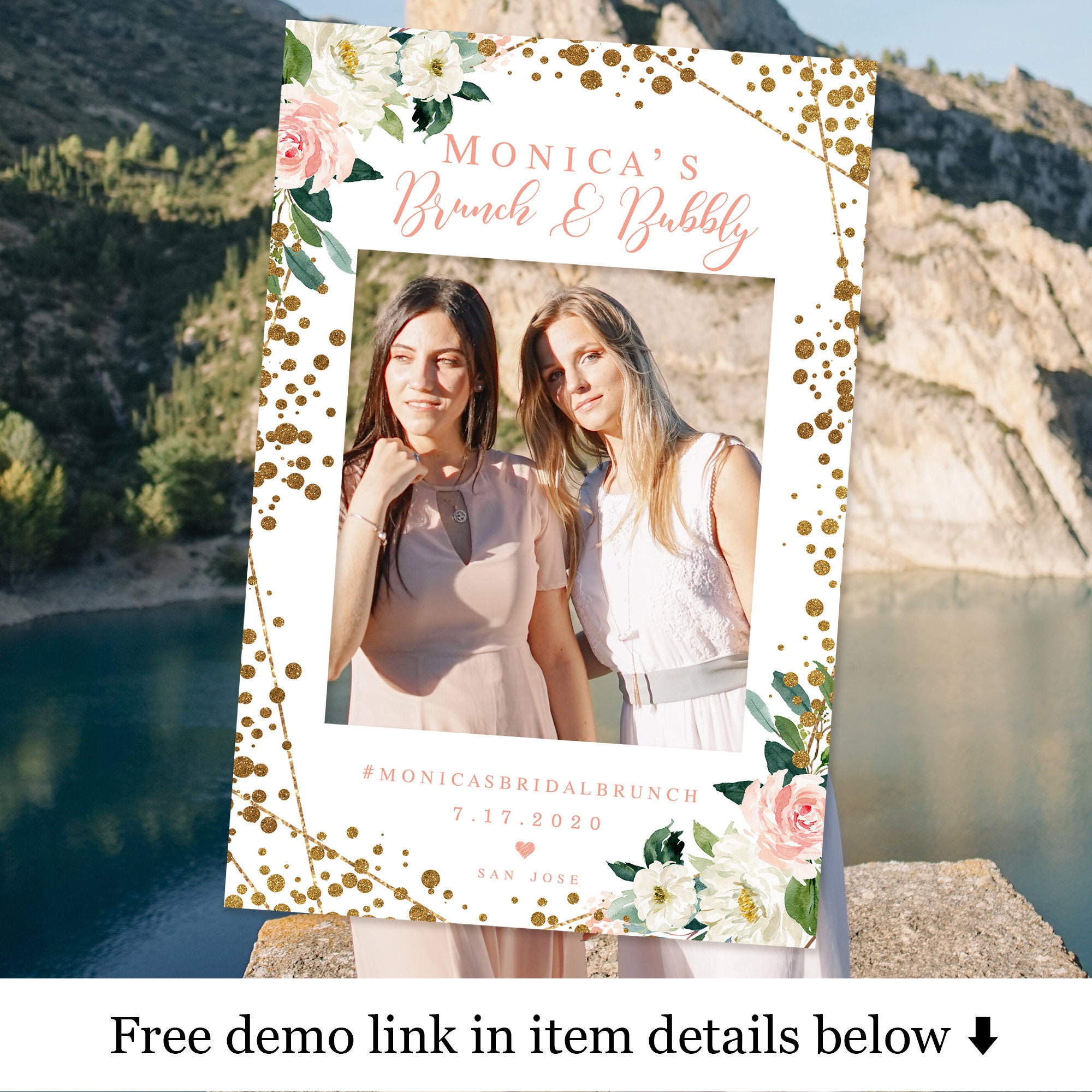 Selfie Station Frame Template Photo Prop Photobooth Templett Bridal Shower Brunch and Bubbly Glitter Blush Floral Champagne