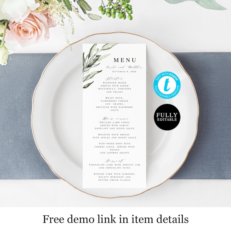 DIY Card pdf jpg 100/% Editable Tuscany #vmt3115 Printable Templett Try before you buy Olive Instant Download Wedding Menu Template