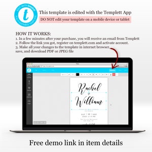 May include: A laptop screen displaying a wedding invitation template being edited in the Templett app. The invitation is for Rachel and William's wedding on September 26, 2020, at 6 PM. The text "Free demo link in item details" is displayed below the laptop.