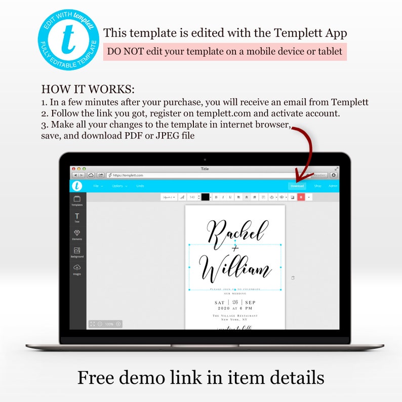 May include: A laptop screen displaying a wedding invitation template being edited in the Templett app. The invitation is for Rachel and William's wedding on September 26, 2020, at 6 PM. The text "Free demo link in item details" is displayed below the laptop.