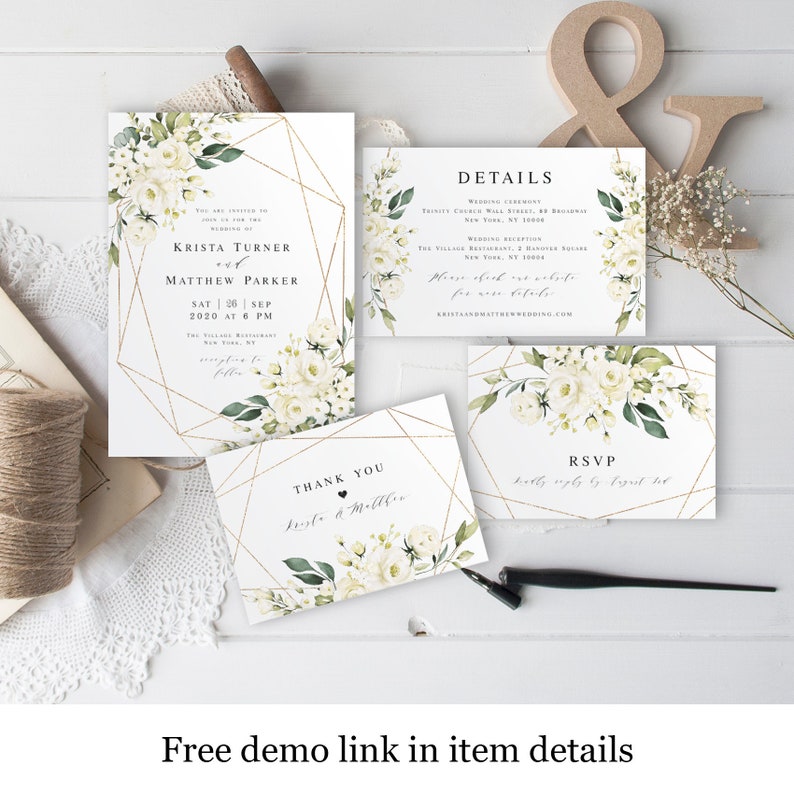 Wedding invite sets printable templates Try before you buy 100% Editable Templett Invitation White Floral, Simple, Gold Geometric vmt3116 image 2