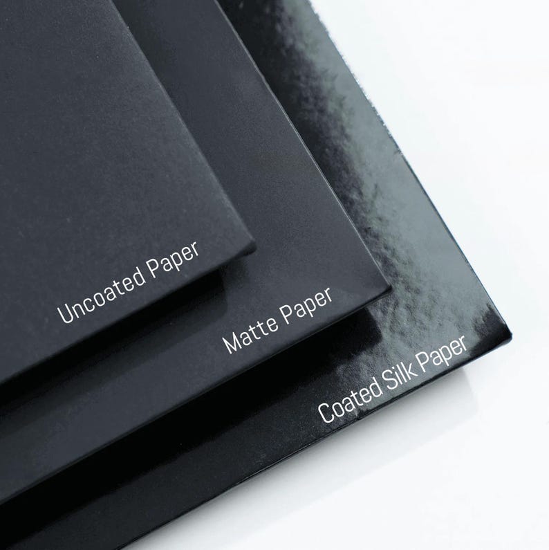 May include: Close-up of three black paper samples: Uncoated Paper, Matte Paper, and Coated Silk Paper. The paper samples are stacked, showcasing different textures and finishes. The text is in white.