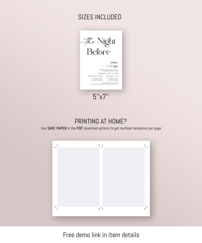 May include: Printable wedding invitation template with the text "The Night Before" and the names "Ashley Edgar". The invitation is 5 inches by 7 inches and includes instructions for printing at home.