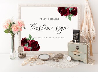 Printable wedding sign personalized Table top decor Custom calligraphy sign Customized poster Portrait & Landscape Merlot Flower DIY #vmt418