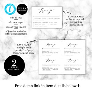 Pu&ograve; includere: Un modello di biglietto RSVP stampabile con un design in bianco e nero. Il biglietto presenta la parola "RSVP" in elegante scrittura corsiva e include opzioni per gli ospiti per accettare o declinare con piacere, nonch&eacute; per scegliere il loro antipasto. Il modello &egrave; completamente modificabile e pu&ograve; essere stampato a casa o in una tipografia.