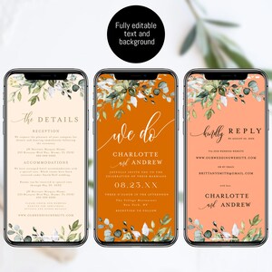 May include: Three phone screen mockups with wedding invitation designs. The first screen has a peach background with green and white floral accents and the text "The Details". The second screen has an orange background with green and white floral accents and the text "We Do Charlotte and Andrew". The third screen has a peach background with green and white floral accents and the text "Kindly Reply".