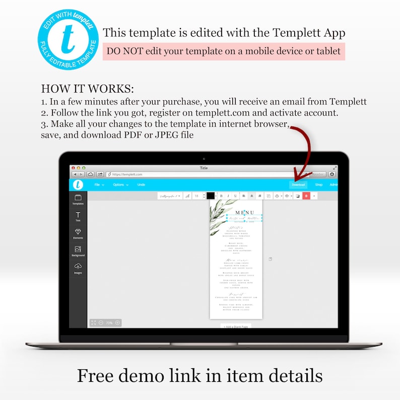 DIY Card pdf jpg 100/% Editable Tuscany #vmt3115 Printable Templett Try before you buy Olive Instant Download Wedding Menu Template