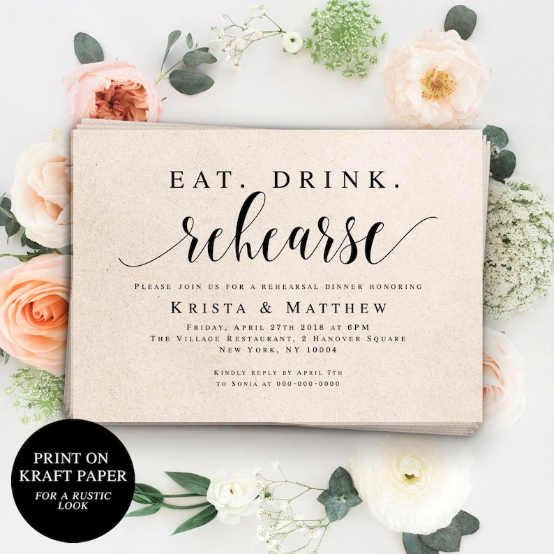 Eat Drink Rehearse Rehearsal dinner invitation template Rustic Etsy