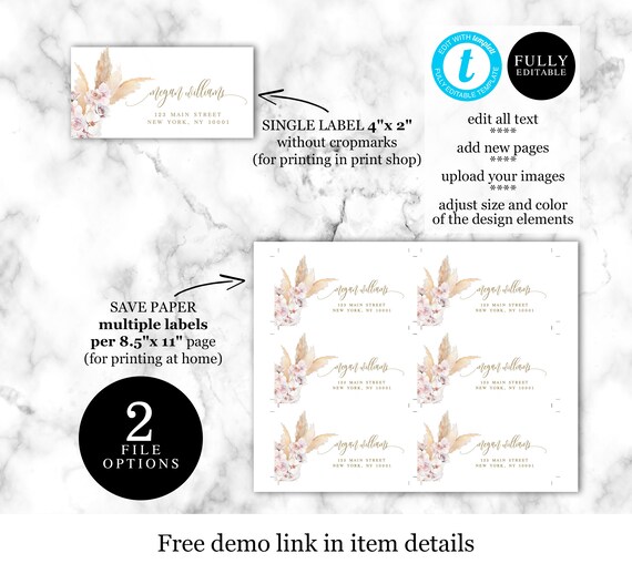 Return Address Labels Template, Envelope Stickers, Wedding Mailing, Edit With Templett, Customizable, Instant download, Pampas Grass #c65a