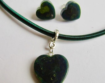 LC Art Deco Bakelite Set Heart Teal Marbled Pendant and Matching Pierced Earrings / 3mm Silk Cord Necklace