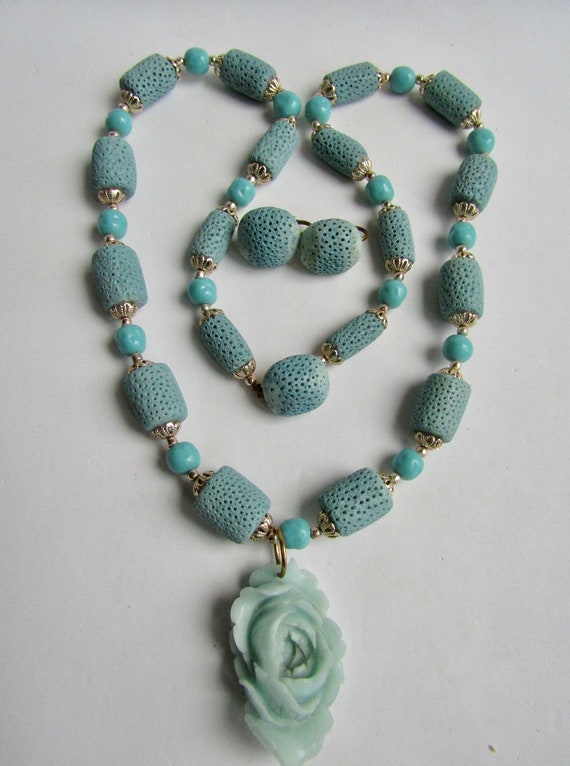 Vintage Amazonite Carved Flower Pendant with Dyed 