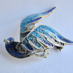 Vintage Filagree Plique A Jour Stained Glass 800 Silver Content Bird Brooch