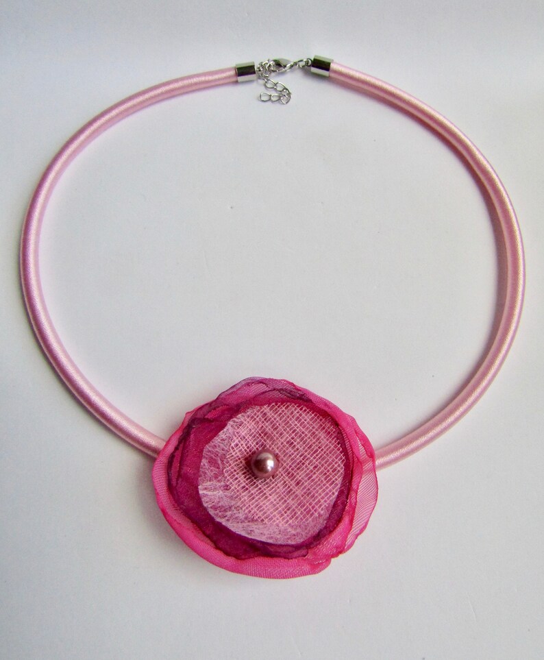 Mother/'s Day Gift LC Silk 5mm Cord necklace with Hand Made Silk Organza Pink and Purple Flower Floating Pendant Love it