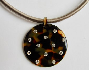 LC Silk 5mm Cord necklace With Vintage Round Faux Tortoiseshell with inset Rhinestones  Pendant Love it !