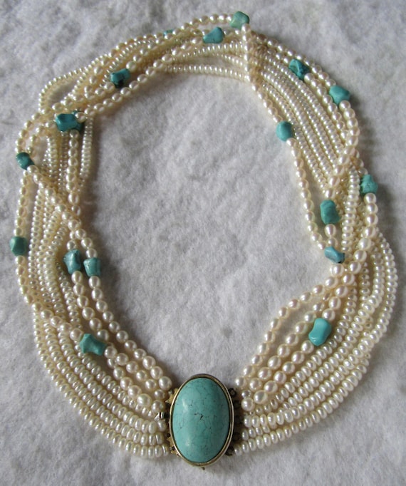 Stabilized Turquoise Bead and Cultured Freshwater Pearl Necklace Stabilized Turquoise Bead and Cultured Freshwater Pearl Necklace