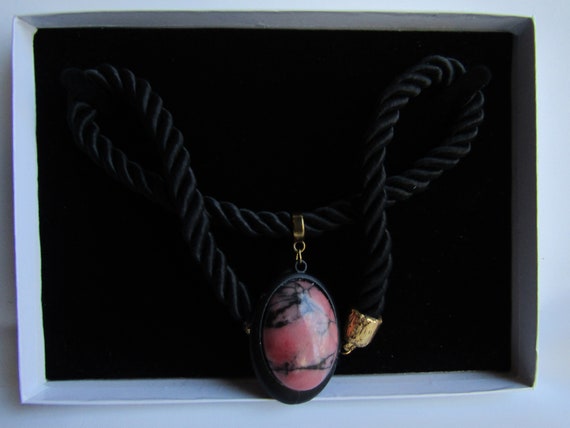 LC Black Silk 10mm Thick Cord Necklace With a Black Metal