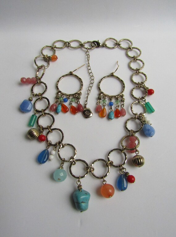 Vintage Signed RALPH LAUREN GP Round Link Cha Cha Dangling Gemstone Chandelier Earrings and Necklace