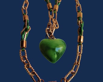 Vintage Signed Kenneth Lane Green Silk Cord and 22kt GP Chunky Chain and Resin Puffy Green Heart Necklace