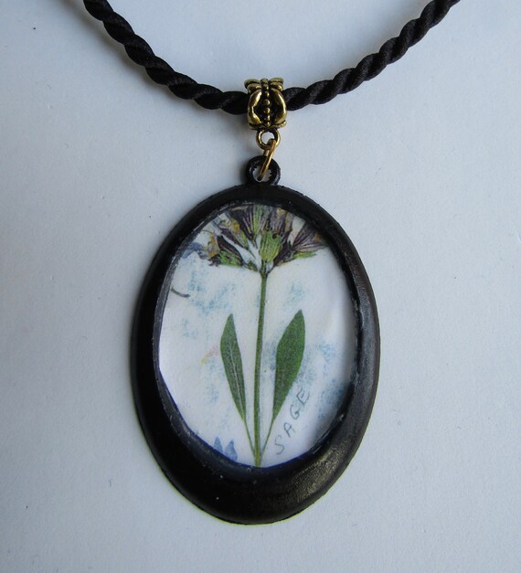 LC Handmade Silk 4mm Cord necklace with Black Frame Sage BOTANICAL Collage Pressed Flower Pendant