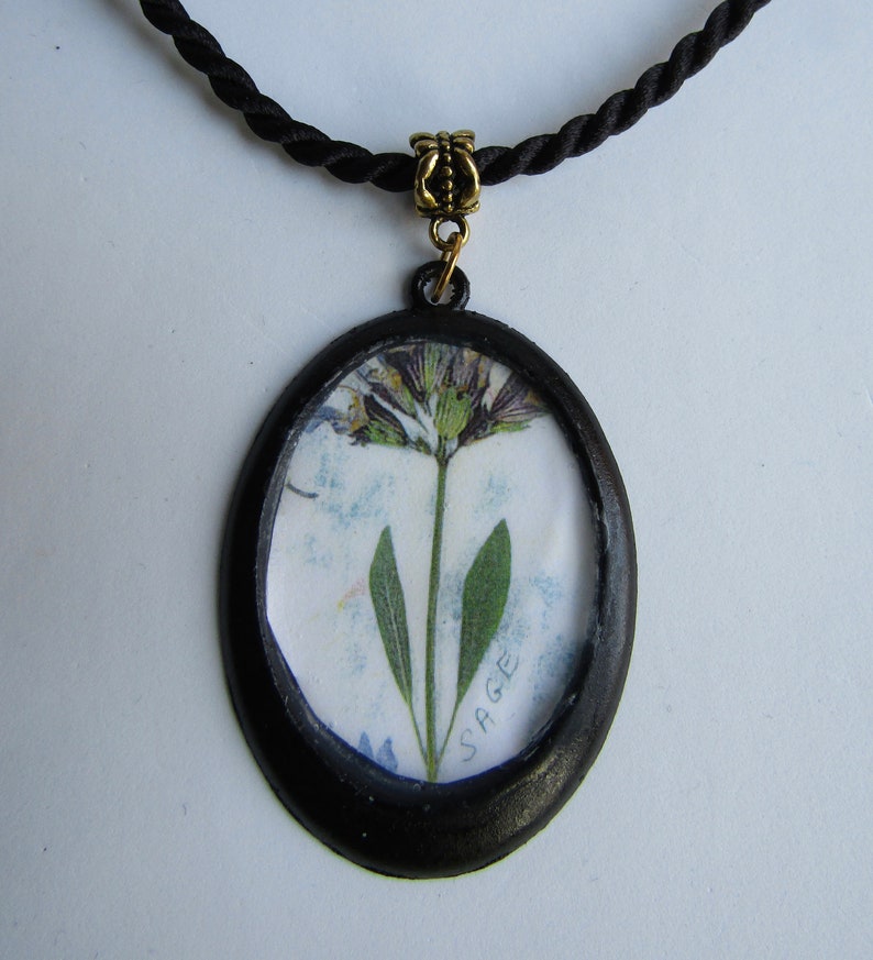 May include: A black oval pendant necklace featuring a pressed dried sage flower. The pendant has a gold-coloured clasp and is on a black cord.