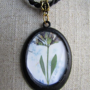 May include: A black oval pendant necklace featuring a pressed flower design. The flower is a sage plant with a white background and the word "SAGE" printed in the bottom right corner.