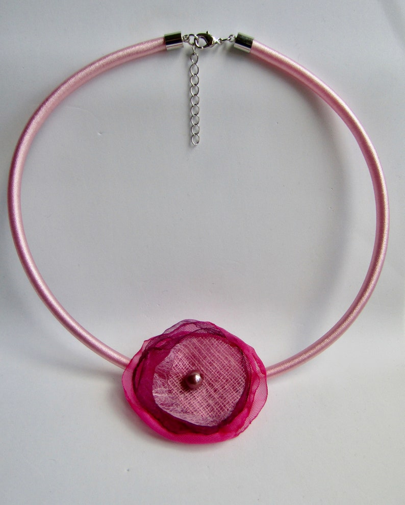 Mother/'s Day Gift LC Silk 5mm Cord necklace with Hand Made Silk Organza Pink and Purple Flower Floating Pendant Love it