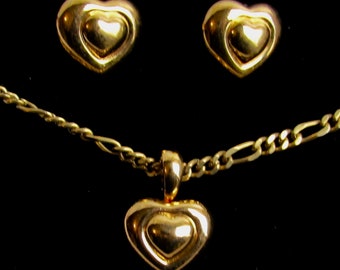 Vintage Set Tiffany Style Design Heart in Heart Earrings and Pendant Charm Gold Plate Curb Chunky Chain Necklace